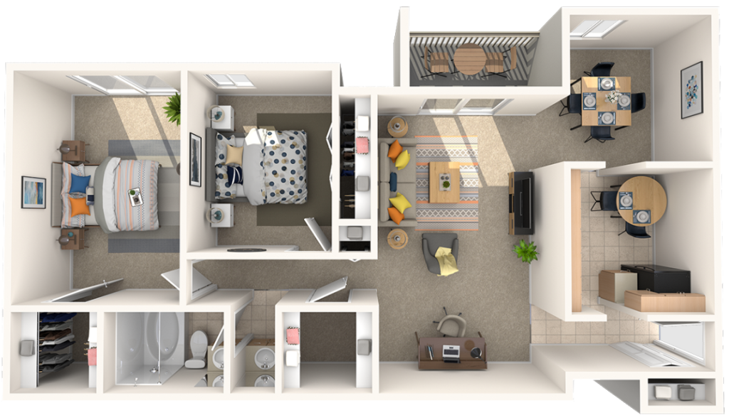 2 bed, 1 bath floor plan