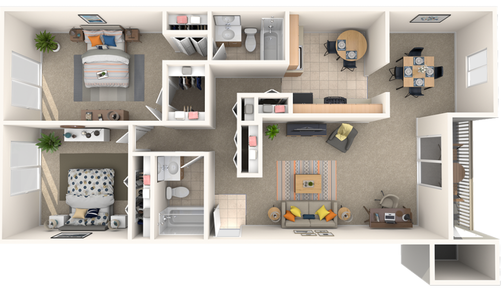 Illustration of 2 Bed, 2 Bath floor plan